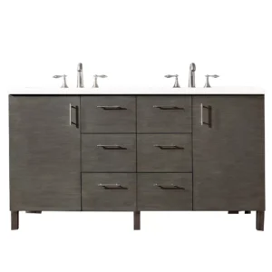 Metropolitan 60″ Double Vanity, Silver Oak w/ 3 CM White Zeus Quartz Top