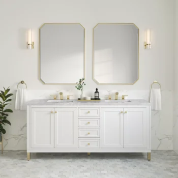 Chicago 72" Double Vanity, Glossy White w/ 3 CM Carrara Marble Top - Image 2