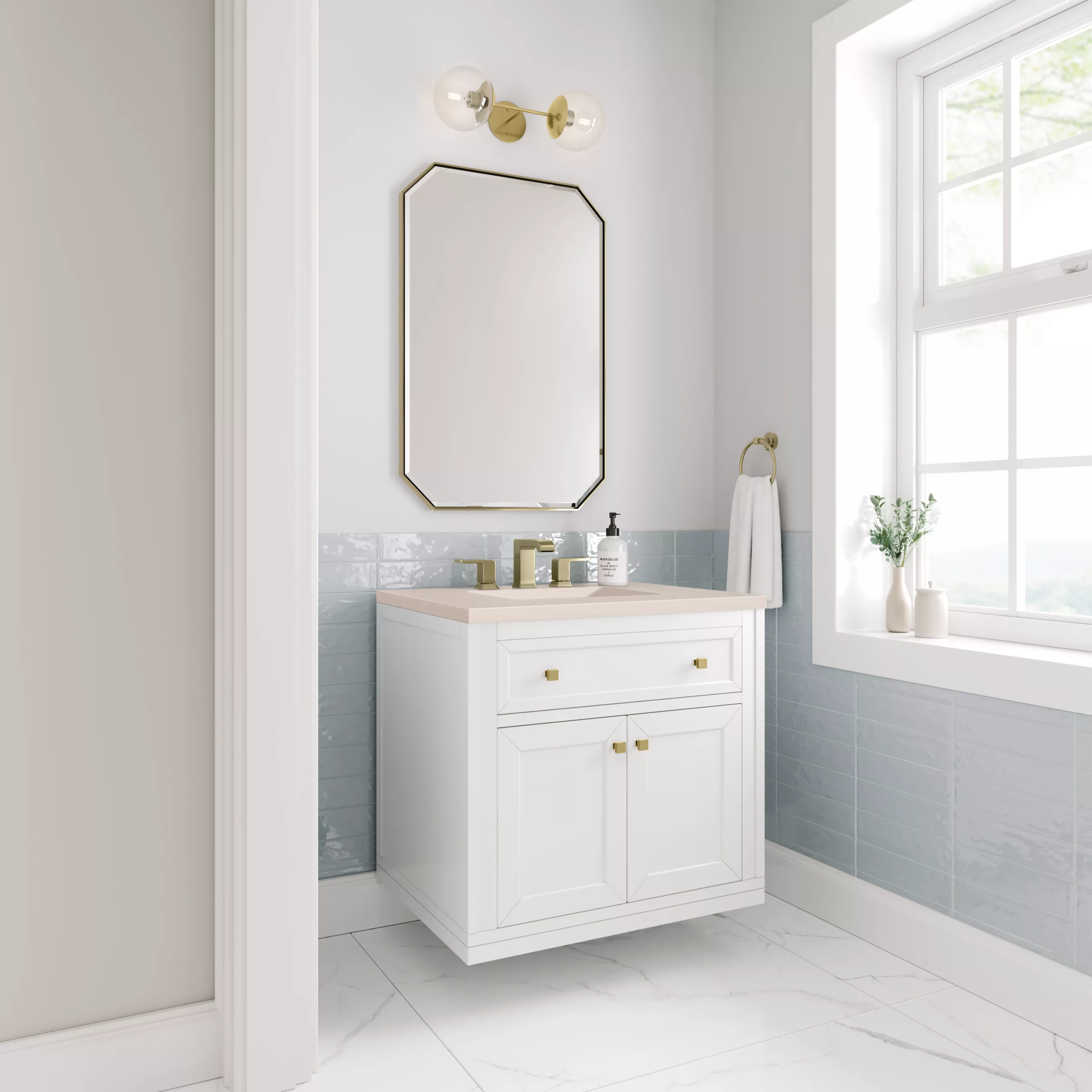 Chicago 30" Single Vanity, Glossy White w/ 3 CM Eternal Marfil Top - Image 3