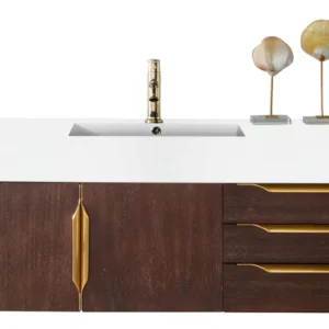 Mercer Island 48″ Single Vanity, Coffee Oak, Radiant Gold w/ Glossy White Composite Stone Top