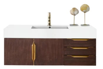 Mercer Island 48" Single Vanity, Coffee Oak, Radiant Gold w/ Glossy White Composite Stone Top