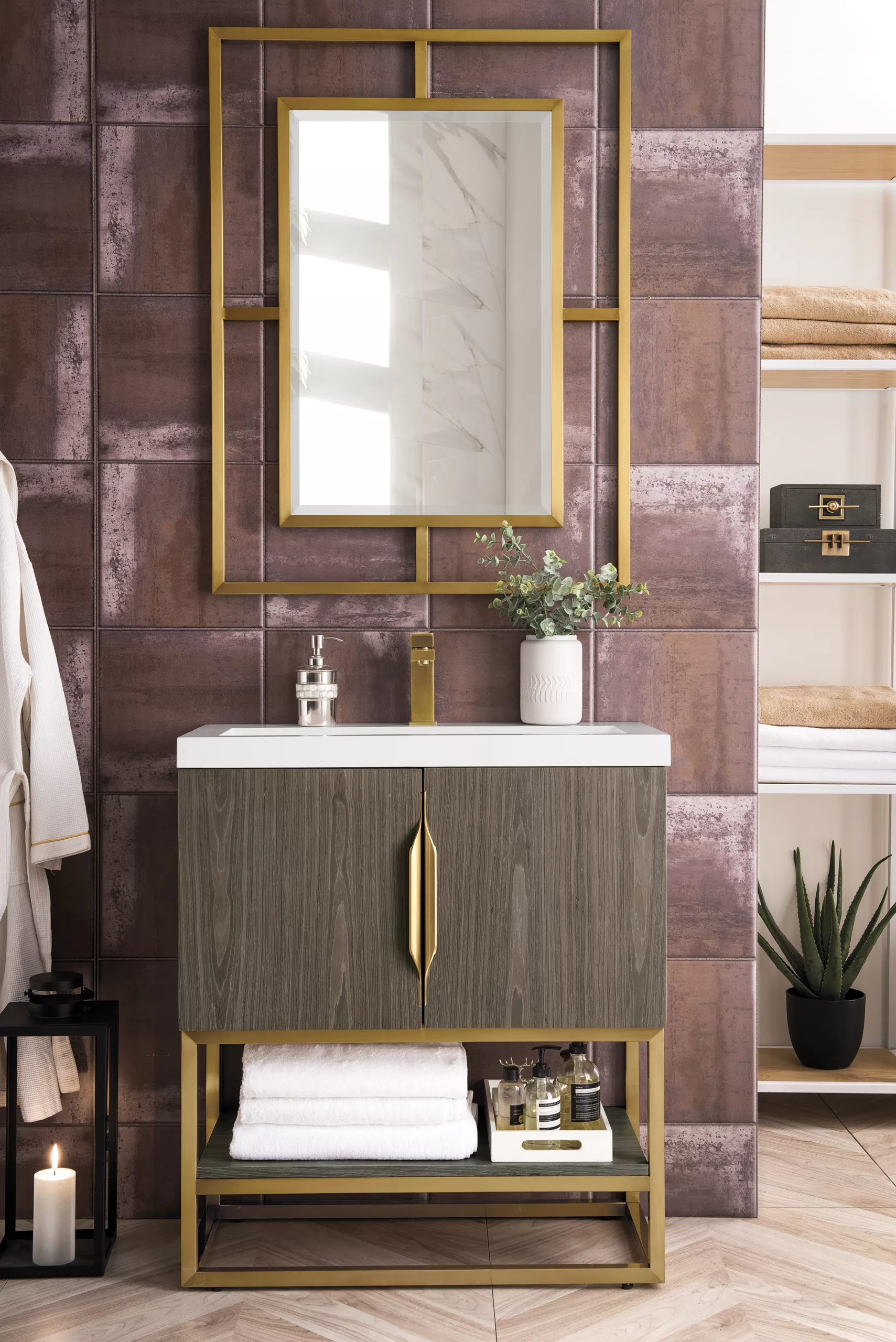 Columbia 31.5" Single Vanity, Ash Gray, Radiant Gold, w/ White Glossy Composite Stone Top - Image 2