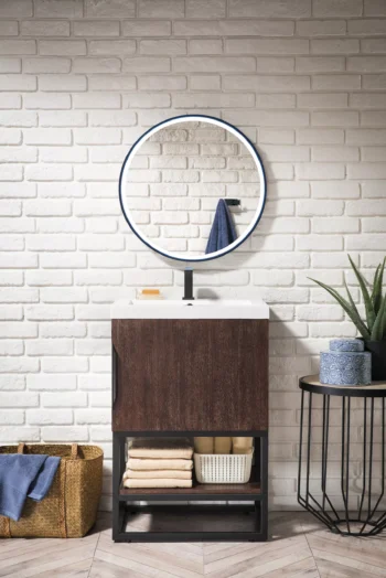 Columbia 24" Single Vanity, Coffee Oak, Matte Black w/ White Glossy Composite Stone Top - Image 2