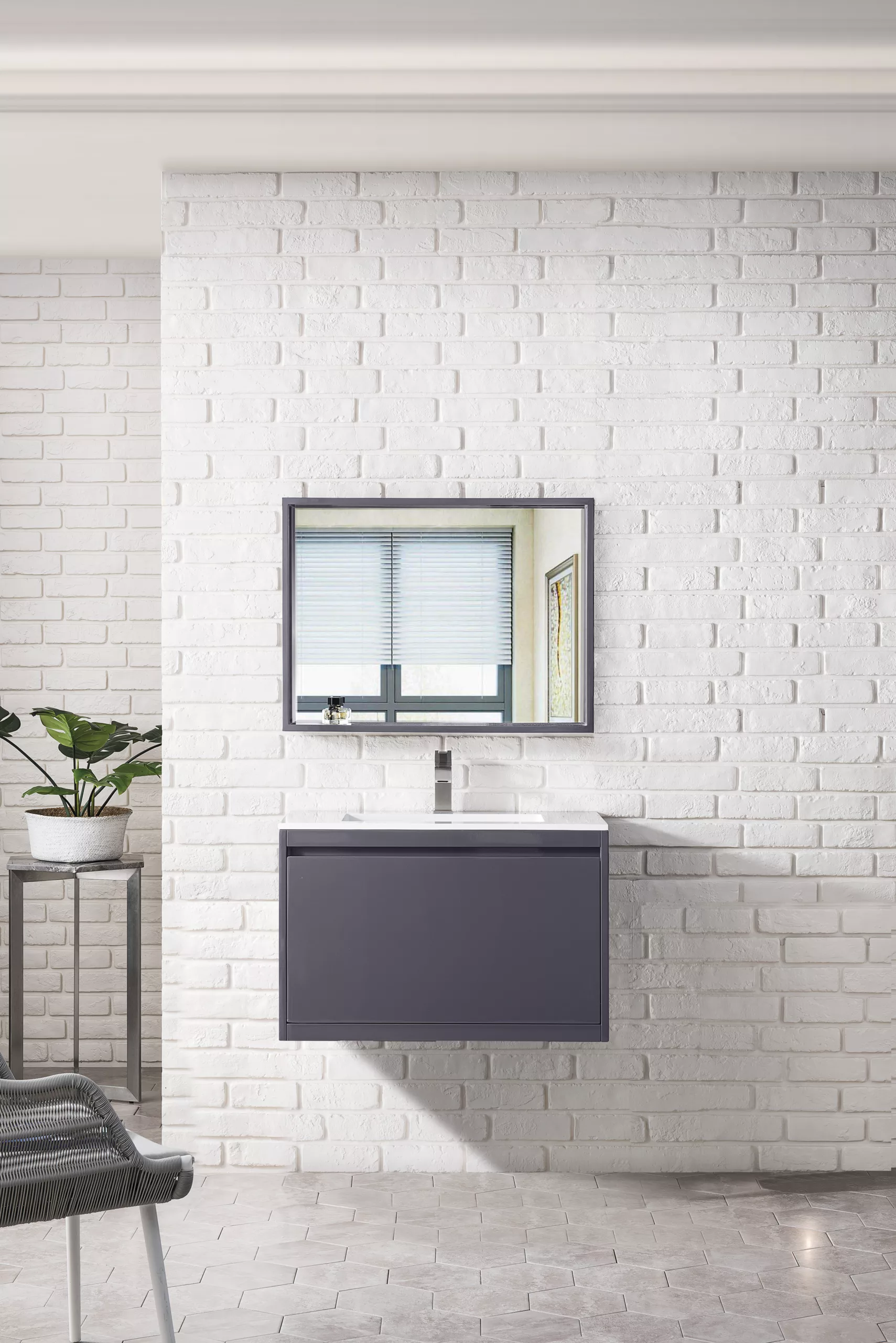 Milan 31.5" Single Vanity, Modern Gray Glossy w/ Glossy White Composite Stone Top - Image 2