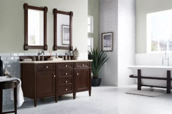 Brittany 60" Double Vanity, Burnished Mahogany w/ 3 CM Eternal Marfil Quartz Top - Image 3