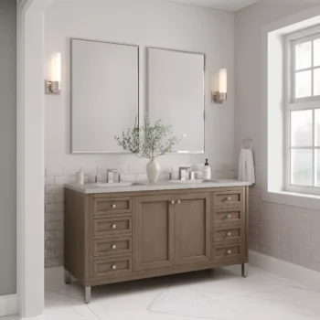 Chicago 60" Double Vanity, Whitewashed Walnut w/ 3 CM Eternal Serena Quartz Top - Image 4