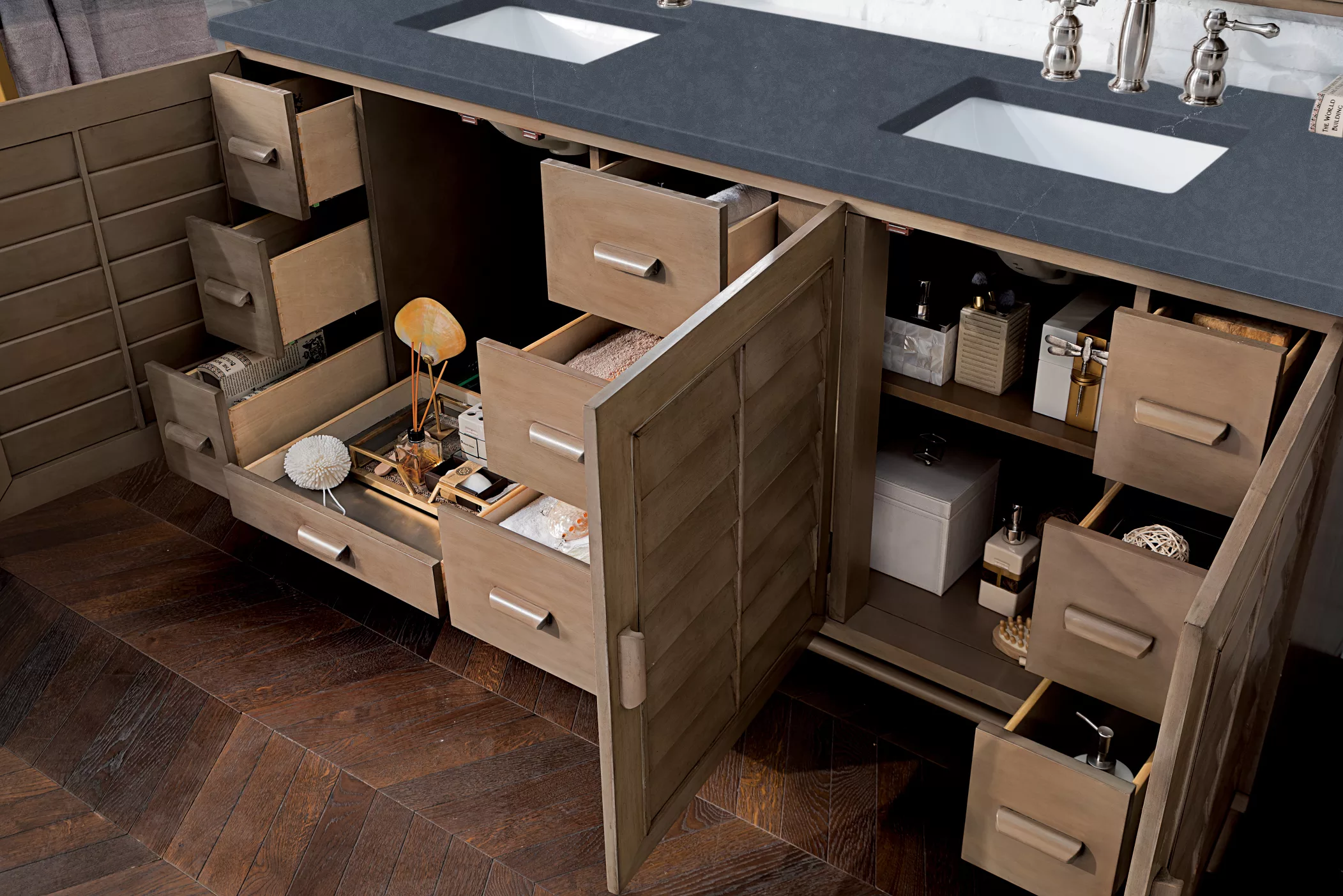 Portland 72" Double Vanity Whitewashed Walnut w/ 3 CM Charcoal Soapstone Quartz Top - Image 4