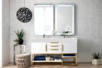 Columbia 59" Double Vanity, Glossy White, Radiant Gold w/ Glossy White Composite Stone Top - Image 3