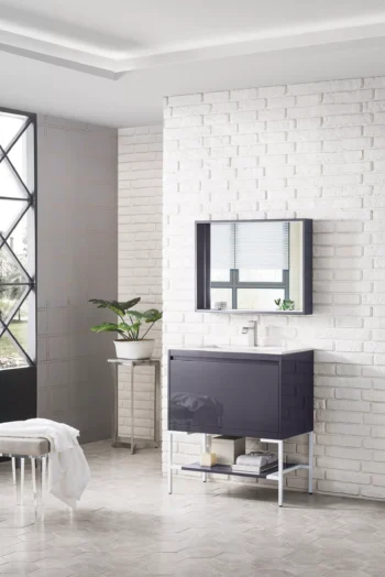 Milan 31.5" Single Vanity, Modern Gray Glossy, Glossy White w/ Glossy White Composite Stone Top - Image 3