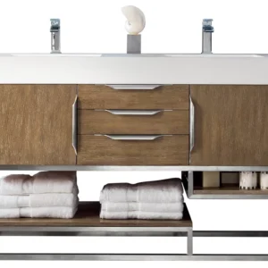 Columbia 59″ Double Vanity, Latte Oak w/ Glossy White Composite Stone Top