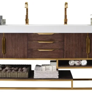 Columbia 72″ Double Vanity, Coffee Oak, Radiant Gold w/ Glossy White Composite Stone Top