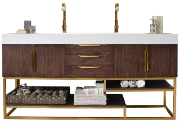 Columbia 72" Double Vanity, Coffee Oak, Radiant Gold w/ Glossy White Composite Stone Top