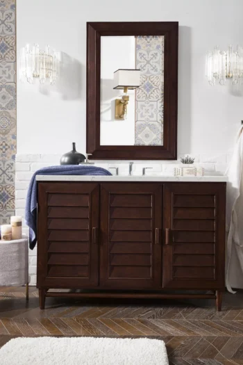 Portland 48" Single Vanity, Burnished Mahogany w/ 3 CM Eternal Jasmine Pearl Quartz Top - Image 2