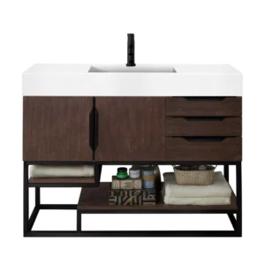 Columbia 48″ Single Vanity, Coffee Oak, Matte Black w/ Glossy White Composite Stone Top