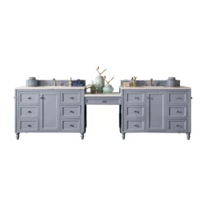 Copper Cove Encore 122″ Double Vanity Set, Silver Gray w/ 3 CM White Zeus Quartz Top