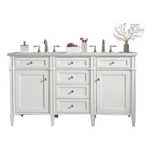 Brittany 60″ Double Vanity, Bright White Vanity w/ 3 CM Arctic Fall Solid Surface Top