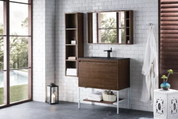 Milan 31.5" Single Vanity, Mid-Century Walnut, Glossy White w/ Charcoal Black Composite Stone Top - Image 3
