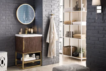 Columbia 24" Single Vanity, Coffee Oak, Radiant Gold w/ White Glossy Composite Stone Top - Image 3