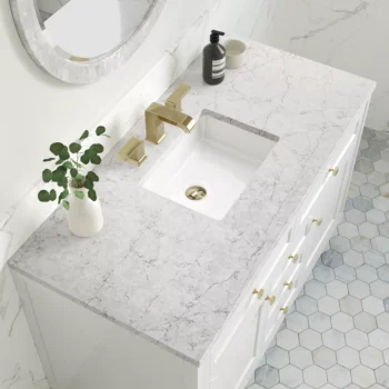 Chicago 48" Single Vanity, Glossy White w/ 3 CM Eternal Jasmine Pearl Top - Image 4