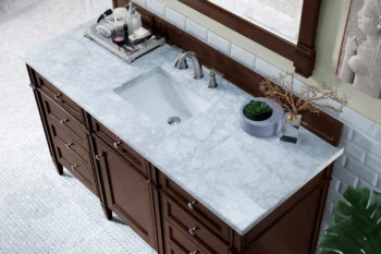 Brittany 60" Single Vanity, Burnished Mahogany w/ 3 CM Carrara Marble Top - Image 5