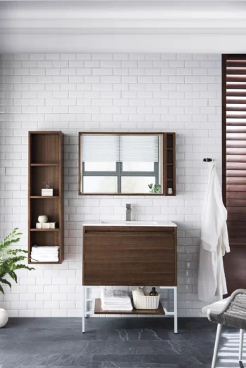 Milan 31.5" Single Vanity, Mid-Century Walnut, Glossy White w/ Glossy White Composite Stone Top - Image 2