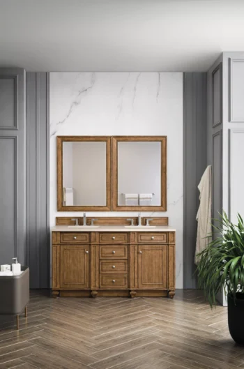 Bristol 60" Double Vanity, Saddle Brown w/ 3 CM Eternal Marfil Quartz Top - Image 2
