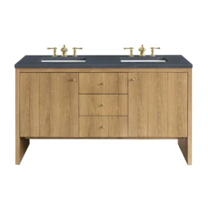 Hudson 60″ Double Vanity, Light Natural Oak w/ 3 CM Charcoal Soapstone Top