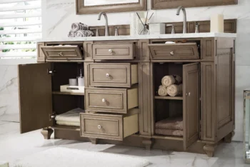Bristol 60" Double Vanity, Whitewashed Walnut w/ 3 CM Eternal Jasmine Pearl Quartz Top - Image 4