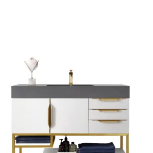 Columbia 48″ Single Vanity, Glossy White, Radiant Gold w/ Dusk Grey Glossy Composite Stone Top