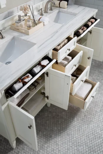 Brittany 72" Double Vanity, Bright White Vanity w/ 3 CM Arctic Fall Solid Surface Top - Image 4