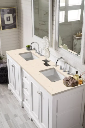 De Soto 72" Double Vanity, Bright White w/ 3 CM Eternal Marfil Quartz Top - Image 3