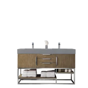 Columbia 59″ Double Vanity, Latte Oak w/ Dusk Grey Glossy Composite Stone Top