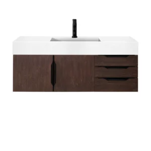 Mercer Island 48″ Single Vanity, Coffee Oak, Matte Black w/ Glossy White Composite Stone Top