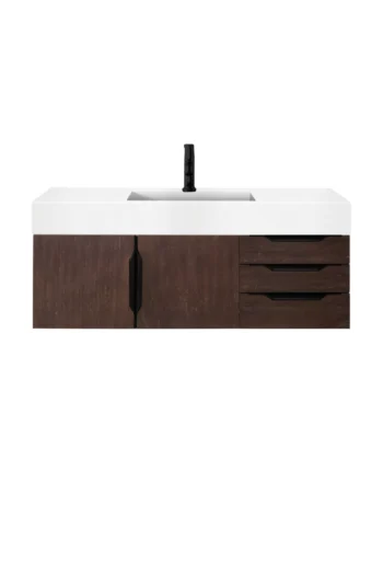 Mercer Island 48" Single Vanity, Coffee Oak, Matte Black w/ Glossy White Composite Stone Top