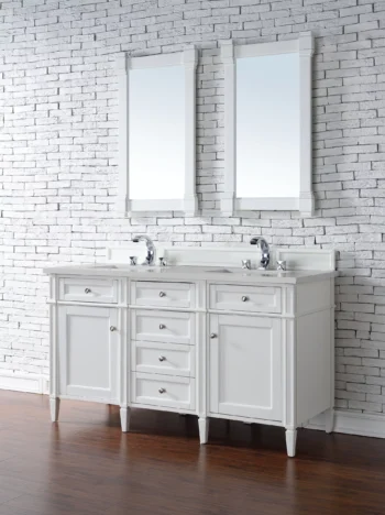 Brittany 60" Double Vanity, Bright White Vanity w/ 3 CM Eternal Serena Quartz Top - Image 3