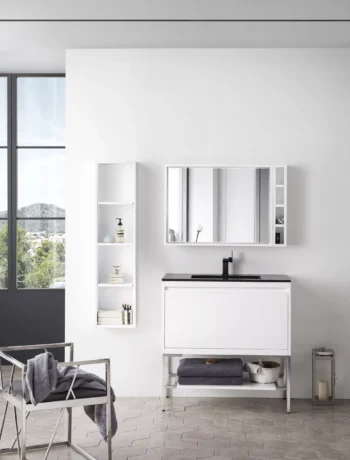 Mantova 35.4" Single Vanity, Glossy White, Brushed Nickel Base w/ Charcoal Black Composite Stone Top - Image 2