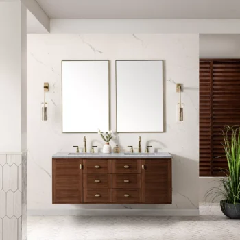 Amberly 60" Double Vanity, Mid-Century Walnut w/ 3 CM Carrara Marble Top - Image 4