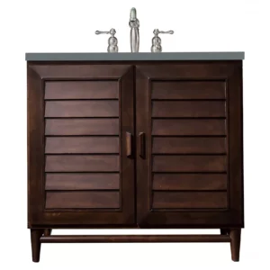 Portland 36″ Single Vanity, Burnished Mahogany w/ 3 CM Cala Blue Top