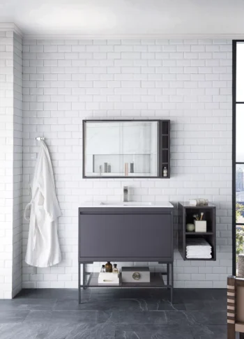 Milan 35.4" Single Vanity, Modern Gray Glossy, Matte Black w/ Glossy White Composite Stone Top - Image 2