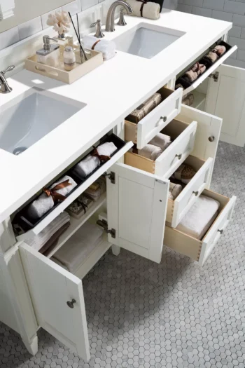 Brittany 72" Double Vanity, Bright White Vanity w/ 3 CM White Zeus Quartz Top - Image 4