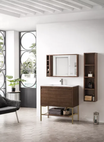 Milan 35.4" Single Vanity, Mid-Century Walnut, Radiant Gold w/ Glossy White Composite Stone Top - Image 3
