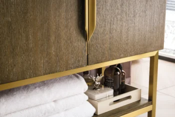 Columbia 31.5" Single Vanity, Latte Oak, Radiant Gold, w/ White Glossy Composite Stone Top - Image 6