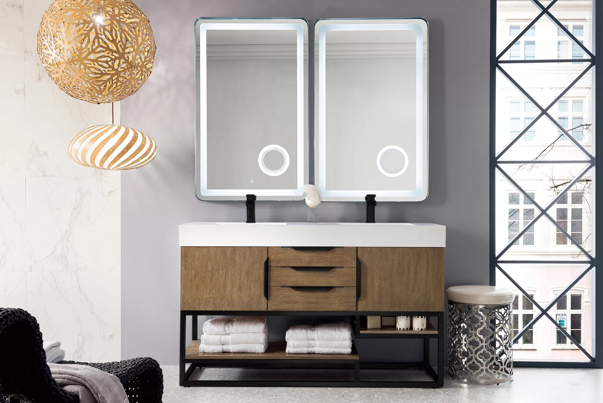 Columbia 59" Double Vanity, Latte Oak, Matte Black w/ Glossy White Composite Stone Top - Image 2