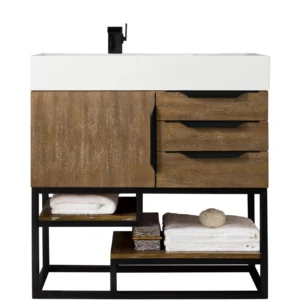 Columbia 36″ Single Vanity, Latte Oak, Matte Black w/ Glossy White Composite Stone Top