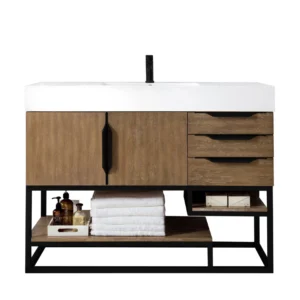 Columbia 48″ Single Vanity, Latte Oak, Matte Black w/ Glossy White Composite Stone Top