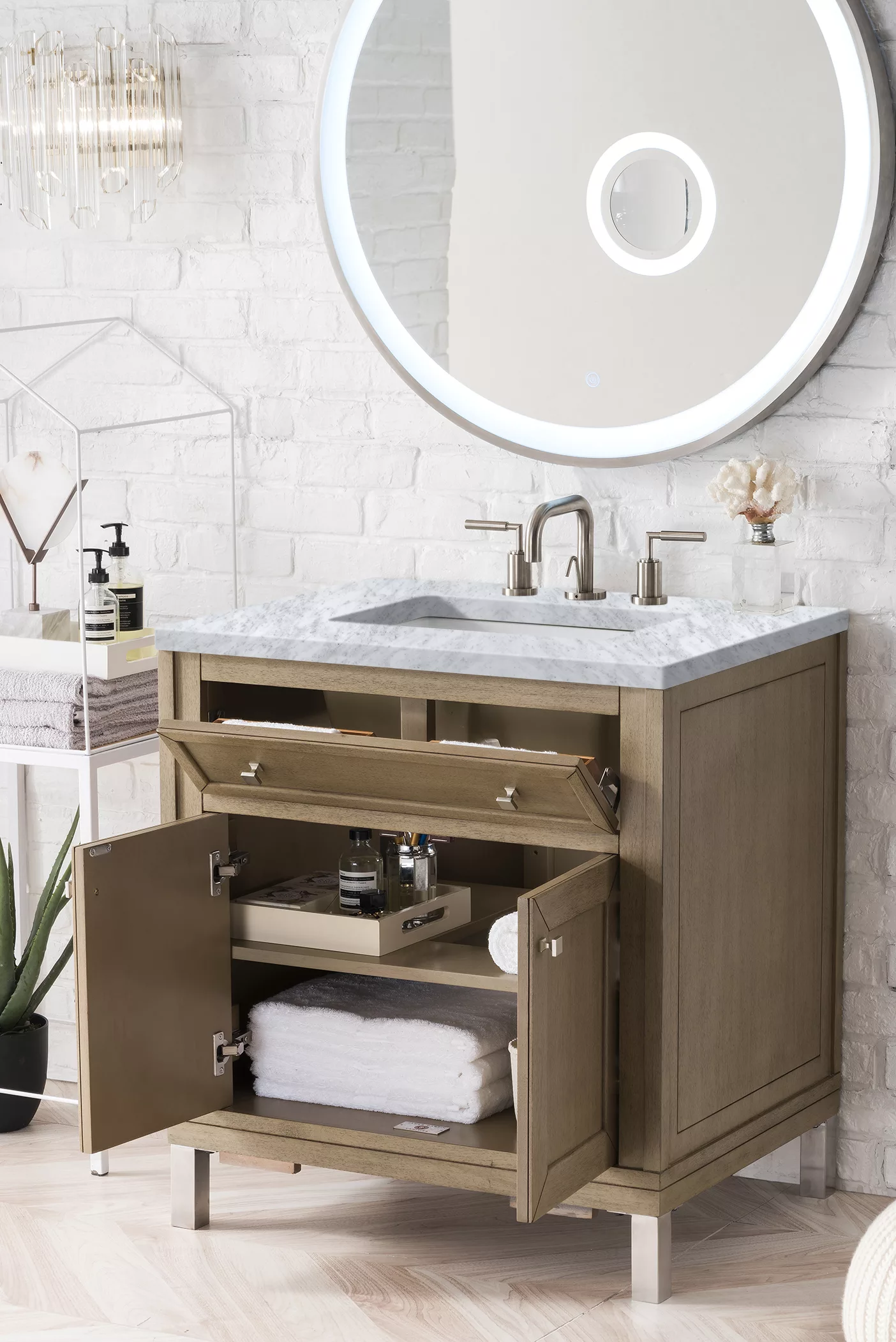 Chicago 30" Single Vanity, Whitewashed Walnut w/ 3 CM Carrara Marble Top - Image 6