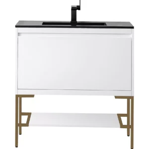 Milan 35.4″ Single Vanity, Glossy White, Radiant Gold w/ Charcoal Black Composite Stone Top