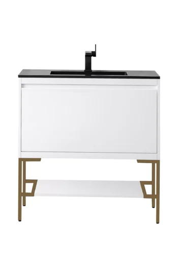 Milan 35.4" Single Vanity, Glossy White, Radiant Gold w/ Charcoal Black Composite Stone Top