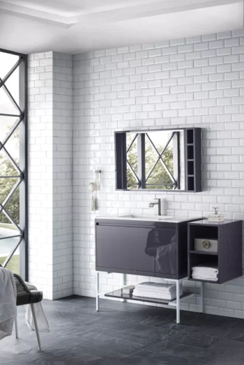 Milan 35.4" Single Vanity, Modern Gray Glossy, Glossy White w/ Glossy White Composite Stone Top - Image 3