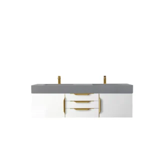 Mercer Island 59″ Double Vanity, Glossy White, Radiant Gold w/ Dusk Grey Glossy Composite Stone Top
